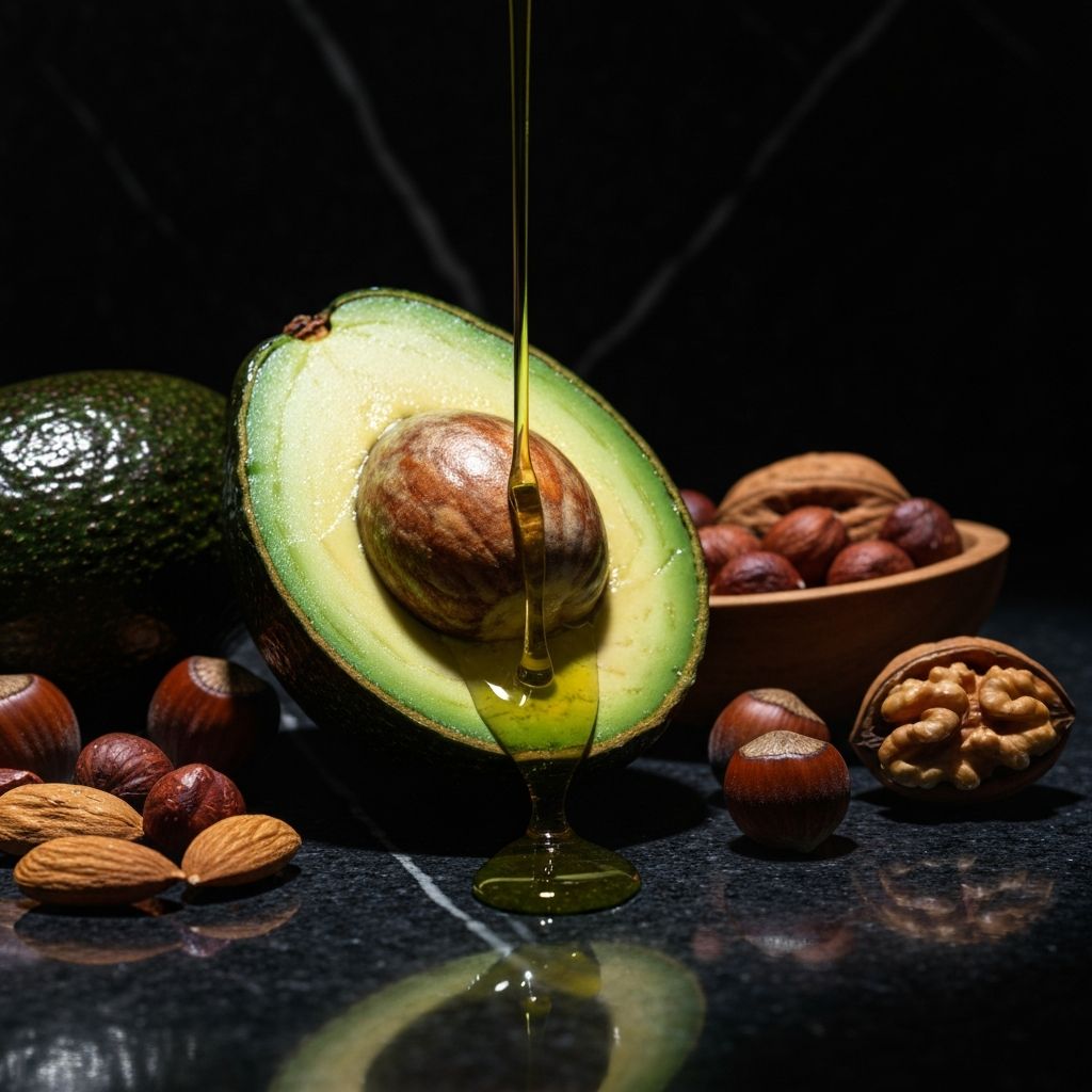 Healthy fats sources - avocado and olive oil with dramatic lighting